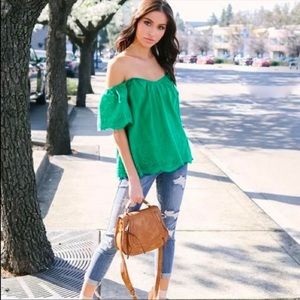 VICI DOLLS Lulu Off the Shoulder Eyelet Top in Green